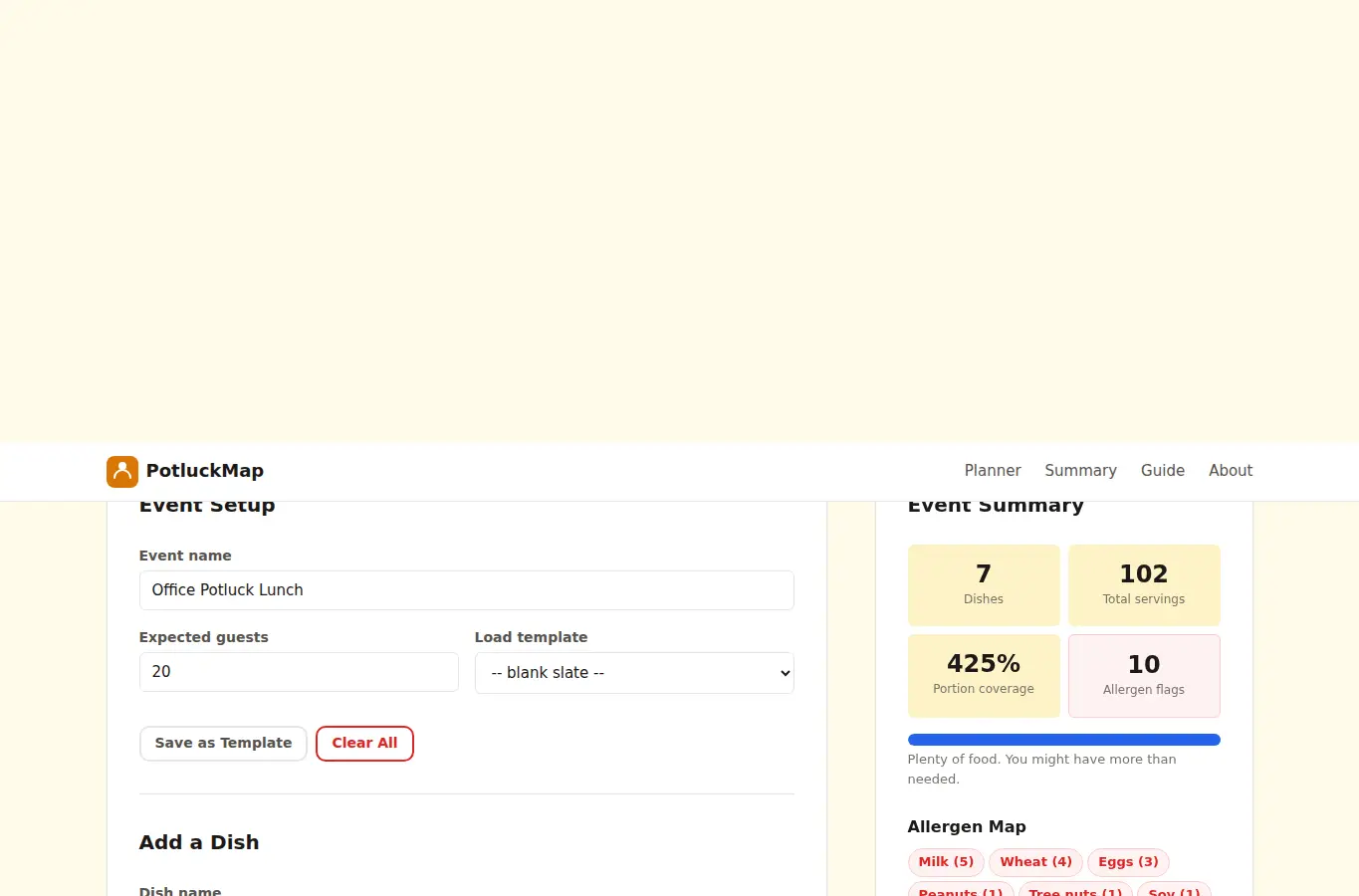 Screenshot of PotluckMap: Allergen and Portion Planner interface showing the project page in use